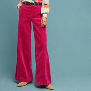 Anthropologie Pink Corduroy Wide Leg Flare Trouser High Rise Pants size 32